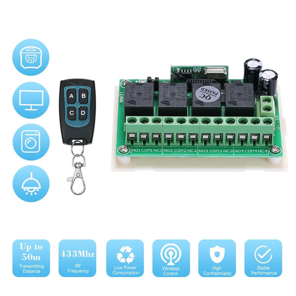 DC 12V 4CH Channel 433Mhz Wireless RF Switch Long Range Wireless Remote EV1527 - MirageGrove