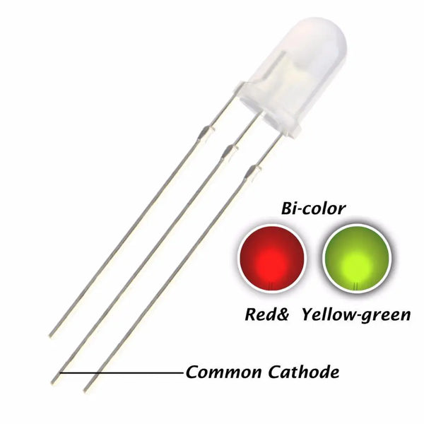 Bi-Colour LED 5mm ( Red & Yellow Green) Common Cathode White Diffused Lens - MirageGrove