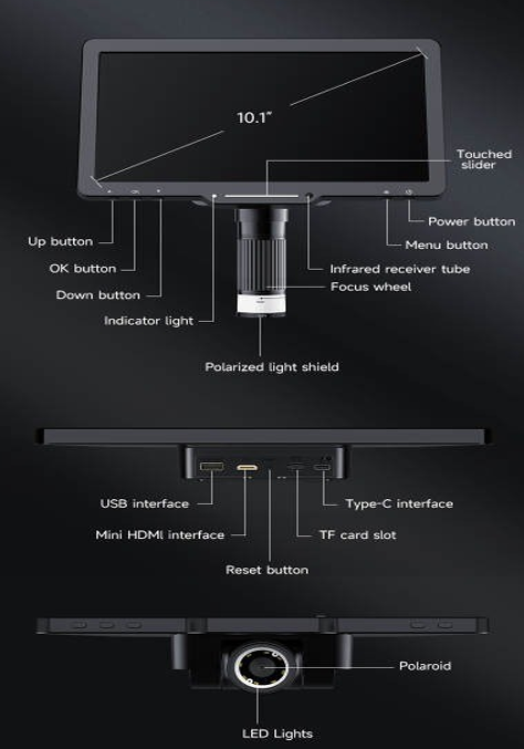 10 Inch Display Digital Microscope 1200X(GI  LP101)-with HDMI/USB output Extra Led Lights and Batteries