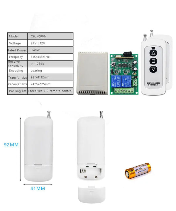 12V/24V 433mhz Frequency wireless remote motor Forward Reverse 2 Channel control switch Miragegrove